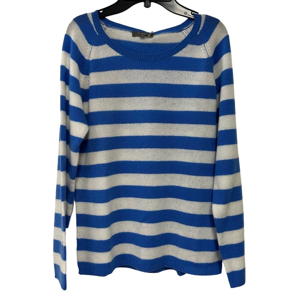 N Peal Cashmere Sweater Womens Medium Blue Ivory Striped L/S Pullover Crew